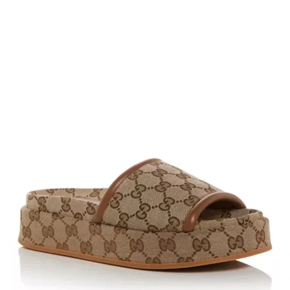 Gucci Gg Platform Women's Beige Monogram Slide Sandals - Picture 1 of 10